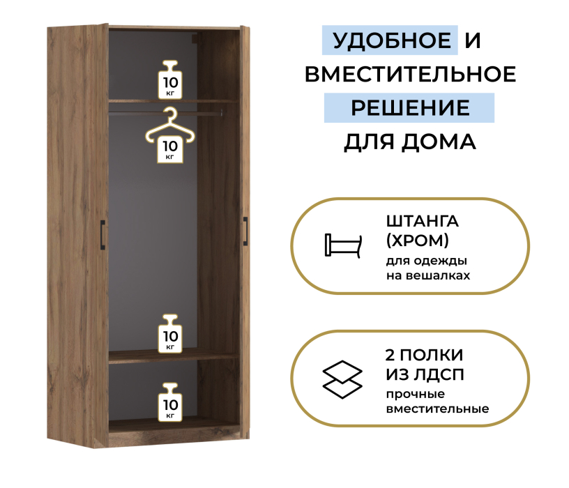 В спальню, Шкаф двухдверный Макс 1000 мм, вариант №1 (ЛДСП, корпус дуб вотан)
