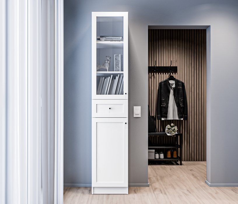 Прямые, Стеллаж Твин СБ-3372 Белый со стеклом и ящиком