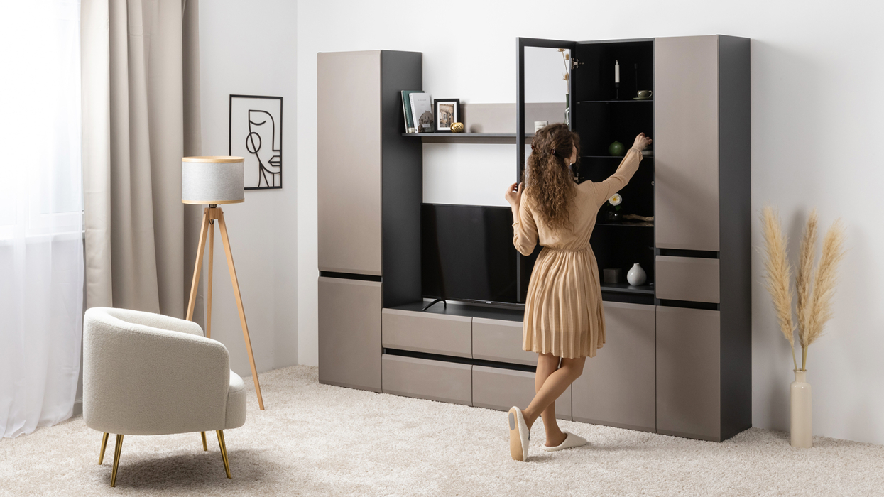 Шкафы распашные, Шкаф-витрина Сидней 13.201, антрацит, веллюто капучино