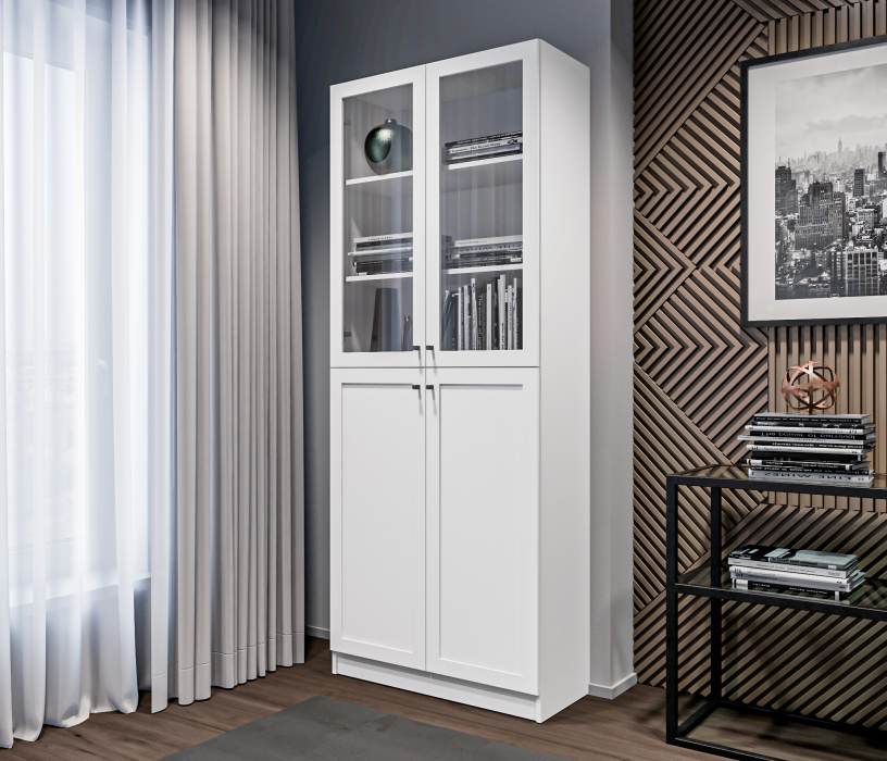 Прямые, Стеллаж Твин СБ-3373 Белый со стеклом